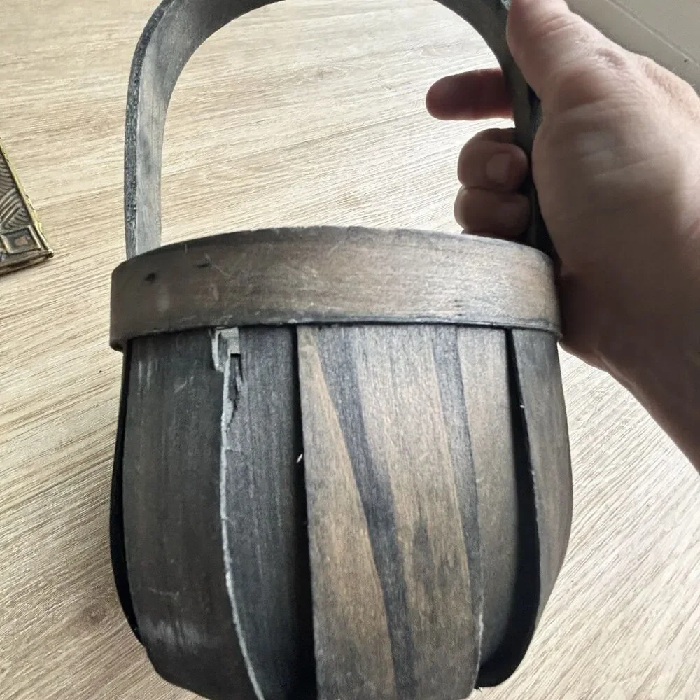 Vintage Wooden Basket Splint Bushel Gathering Handle Primitive Cottagecore